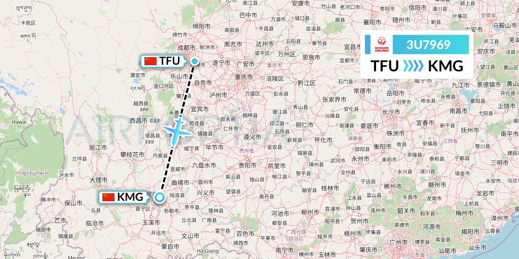 3U7969 Sichuan Airlines Flight Map: Chengdu to Kunming