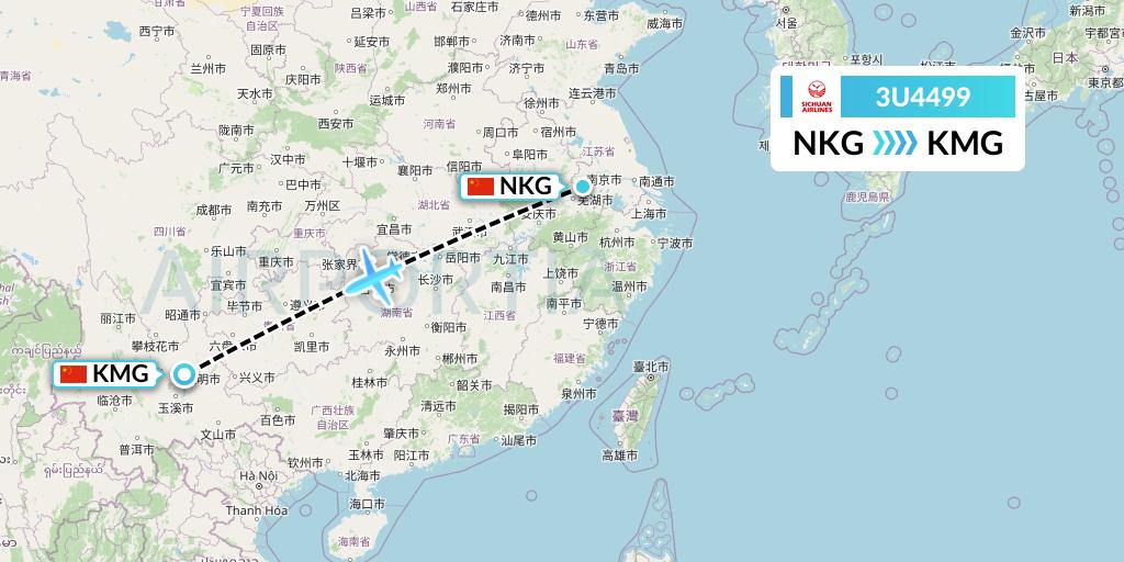 3U4499 Sichuan Airlines Flight Map: Nanjing to Kunming