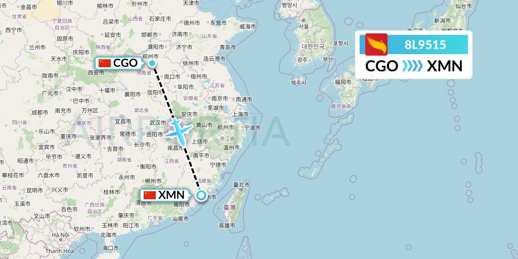 8L9515 Lucky Air Flight Map: Zhengzhou to Xiamen