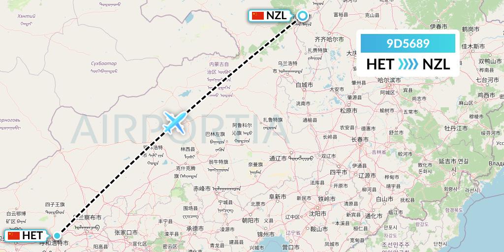 9D5689 Genghis Khan Airlines Flight Map: Hohhot to Changchun