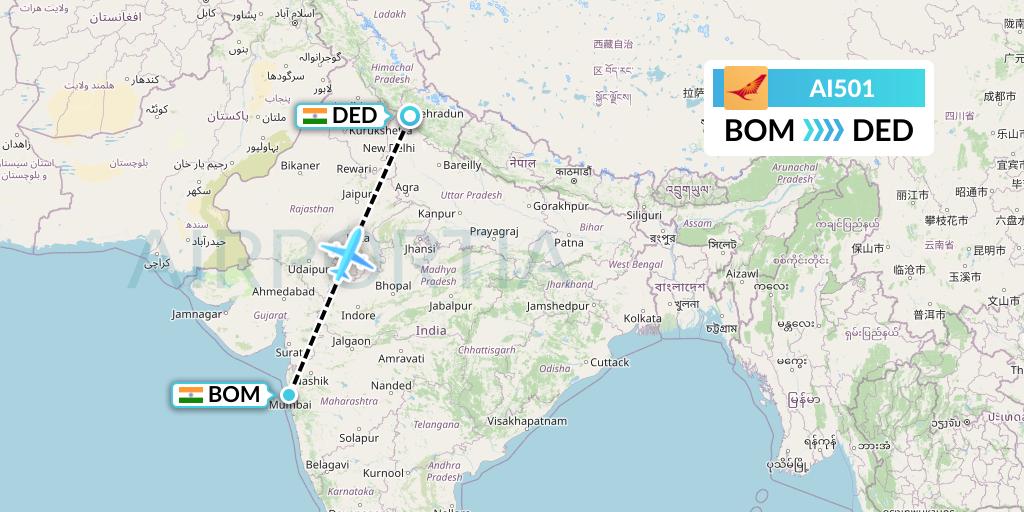 AI501 Air India Flight Map: Mumbai to Dehradun