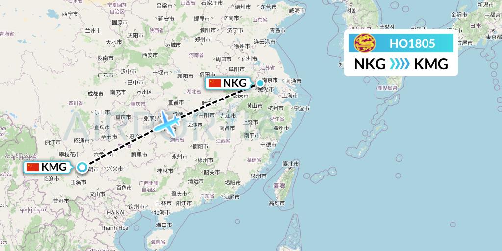HO1805 Juneyao Airlines Flight Map: Nanjing to Kunming