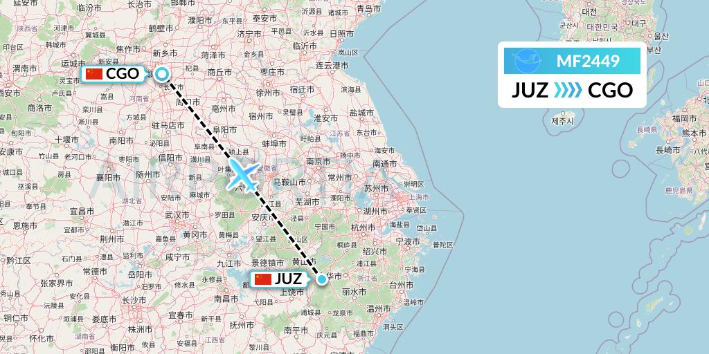 MF2449 Xiamen Airlines Flight Map: Quzhou to Zhengzhou