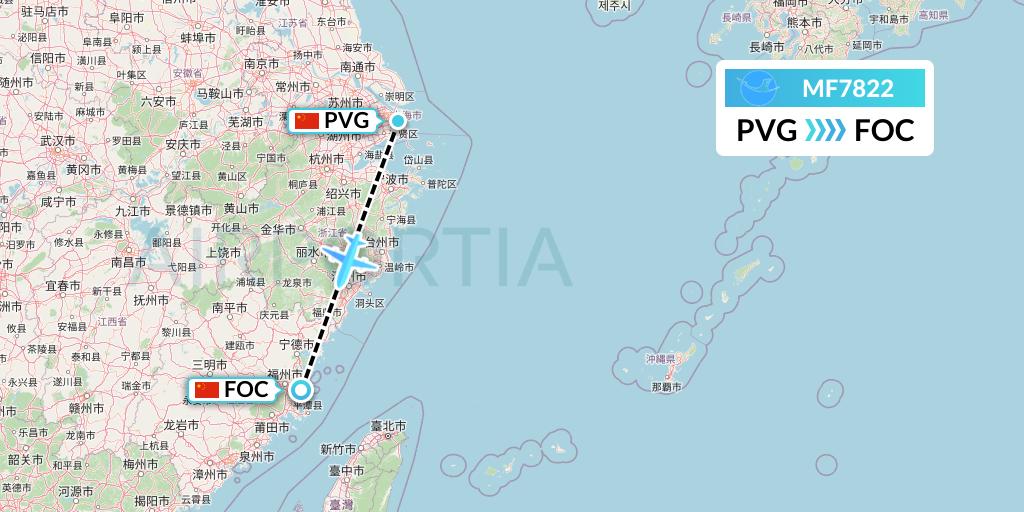 MF7822 Xiamen Airlines Flight Map: Shanghai to Fuzhou