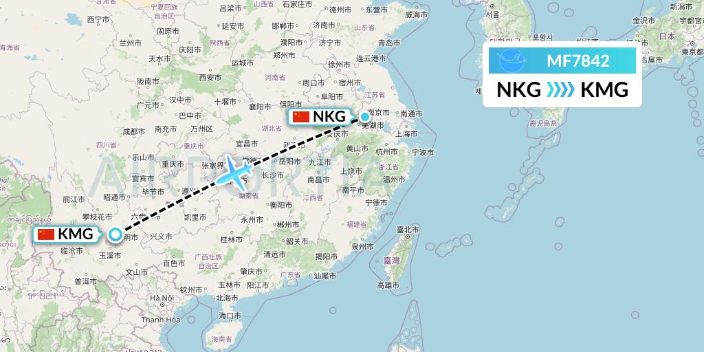 MF7842 Xiamen Airlines Flight Map: Nanjing to Kunming