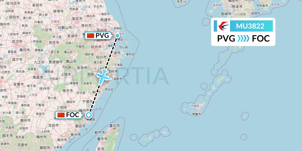 MU3822 China Eastern Airlines Flight Map: Shanghai to Fuzhou