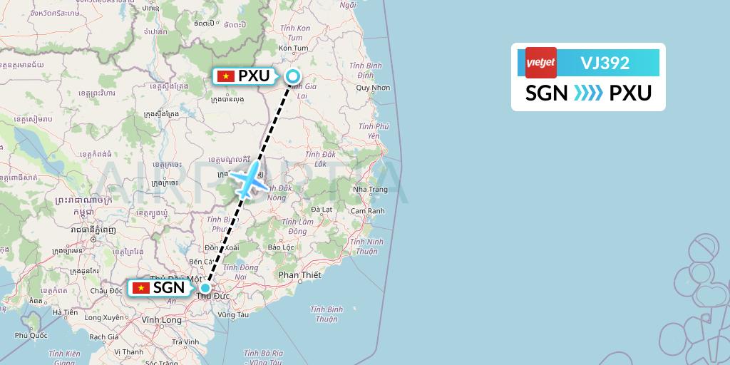 VJ392 VietJet Air Flight Map: Ho Chi Minh City to Pleiku
