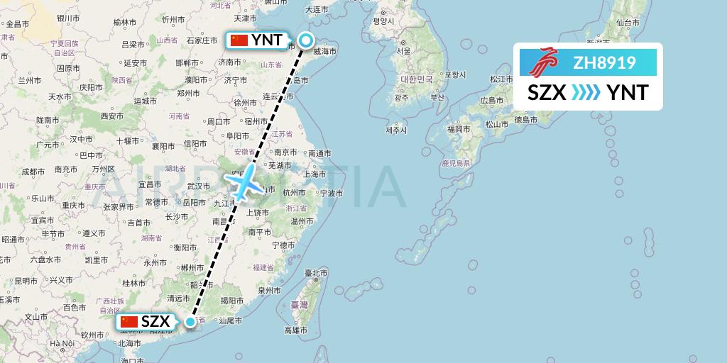 ZH8919 Shenzhen Airlines Flight Map: Shenzhen to Yantai