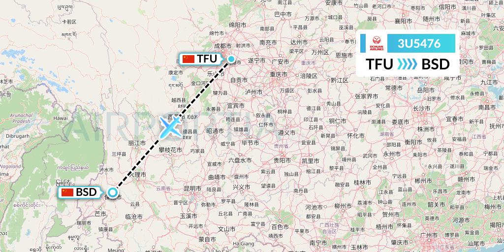 3U5476 Sichuan Airlines Flight Map: Chengdu to Baoshan