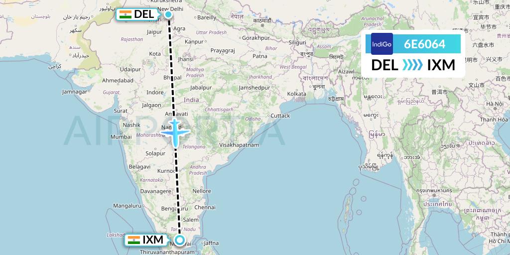 6E6064 IndiGo Airlines Flight Map: Delhi to Madurai