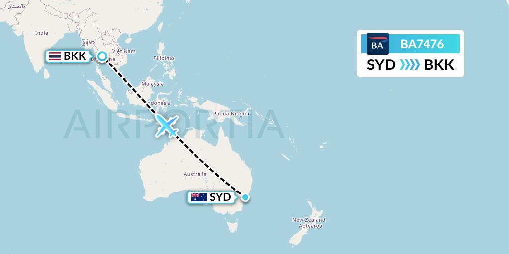 BA7476 British Airways Flight Map: Sydney to Bangkok