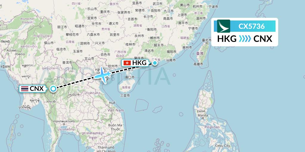 CX5736 Cathay Pacific Flight Map: Hong Kong to Chiang Mai