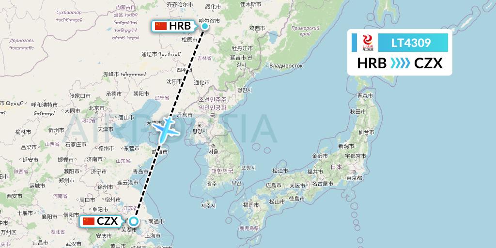 LT4309 LongJiang Airlines Flight Map: Harbin to Changzhou