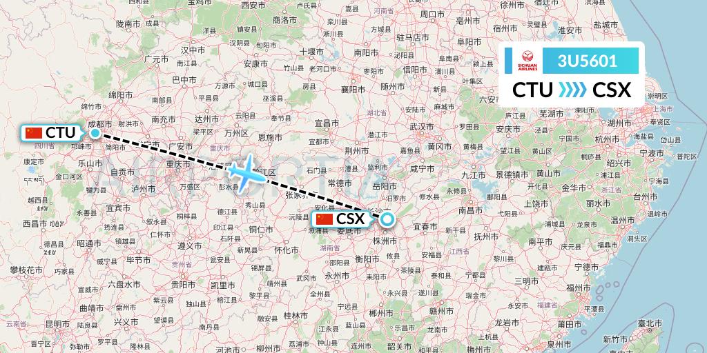 3U5601 Sichuan Airlines Flight Map: Chengdu to Changsha