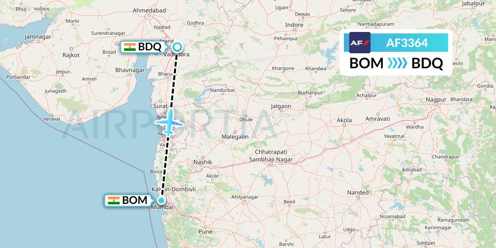 AF3364 Air France Flight Map: Mumbai to Vadodara