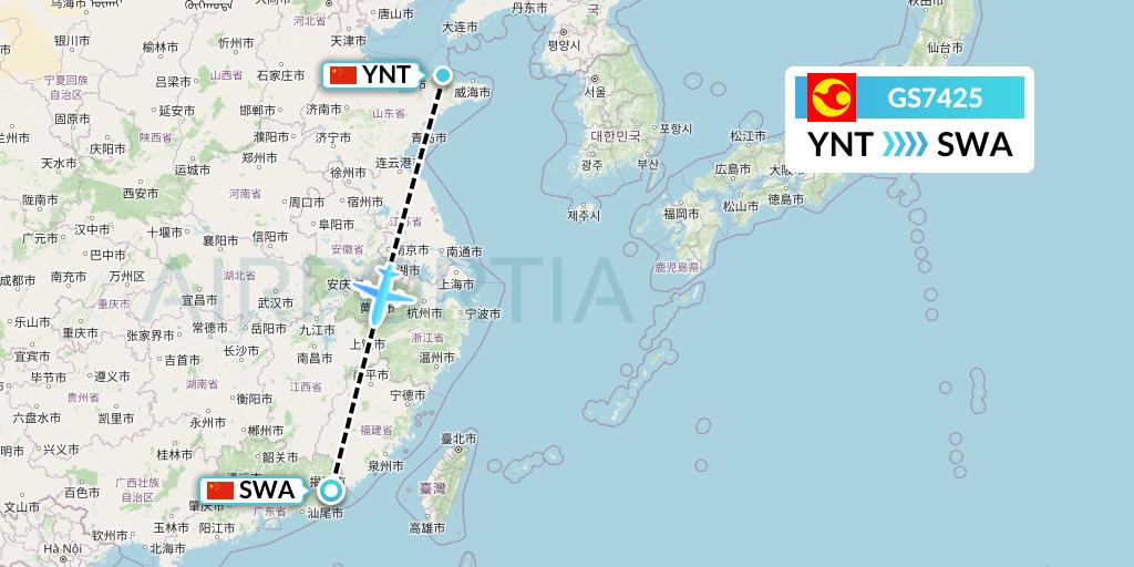 GS7425 Tianjin Airlines Flight Map: Yantai to Jieyang