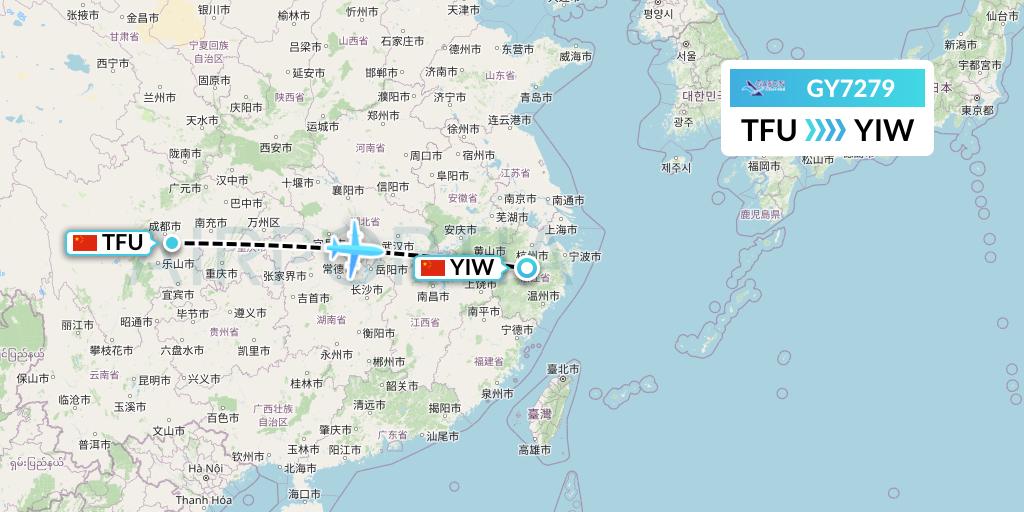 GY7279 Colorful GuiZhou Airlines Flight Map: Chengdu to Yiwu