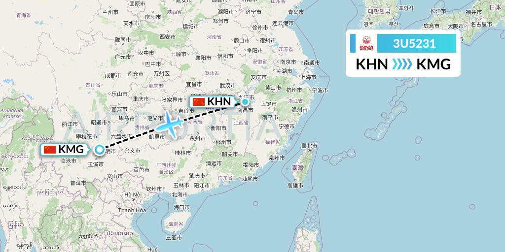 3U5231 Sichuan Airlines Flight Map: Nanchang to Kunming