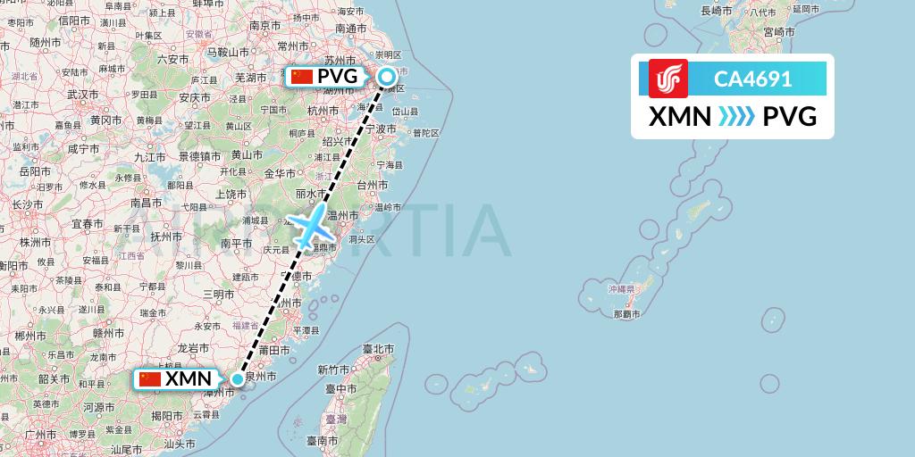 CA4691 Air China Flight Map: Xiamen to Shanghai