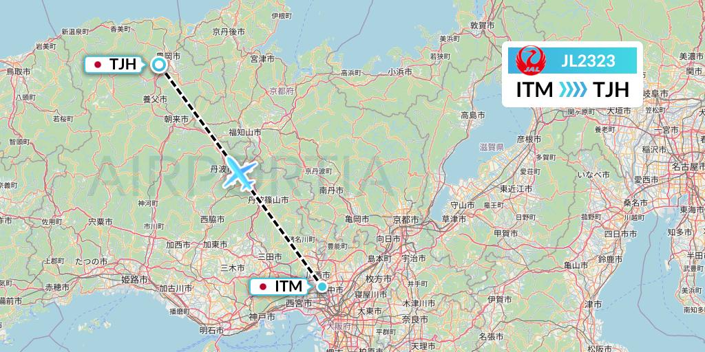 JL2323 Japan Airlines Flight Map: Osaka to Tajima