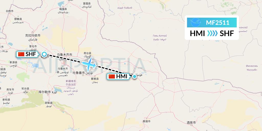 MF2511 Xiamen Airlines Flight Map: Hami City to Shihezi