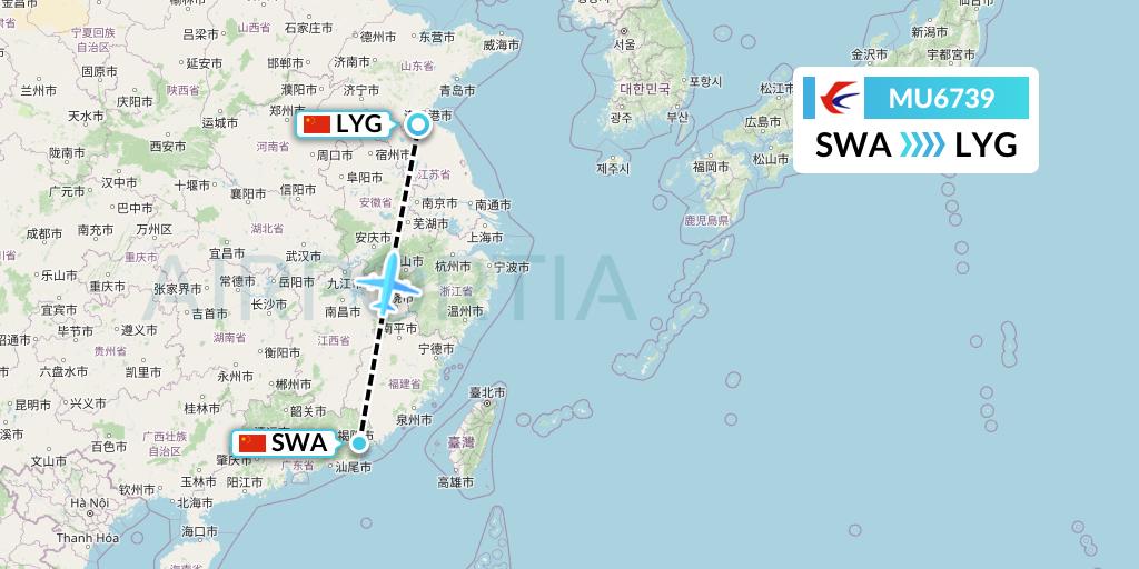 MU6739 China Eastern Airlines Flight Map: Jieyang to Lianyungang