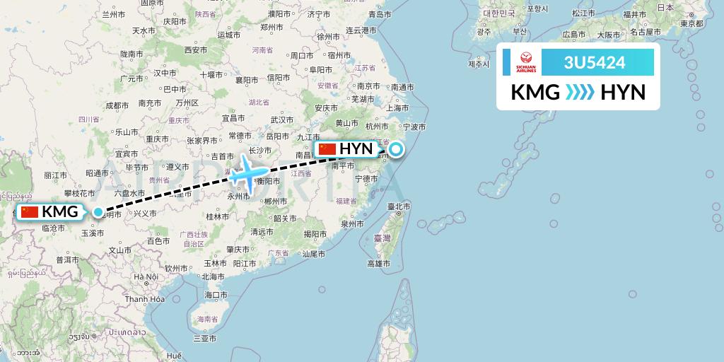 3U5424 Sichuan Airlines Flight Map: Kunming to Huangyan