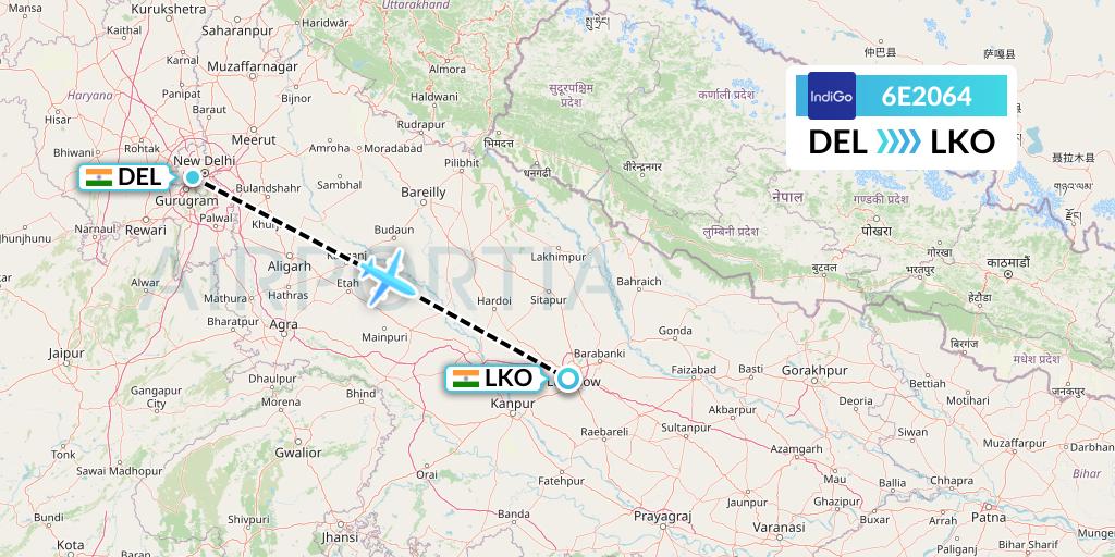 6E2064 IndiGo Airlines Flight Map: Delhi to Lucknow