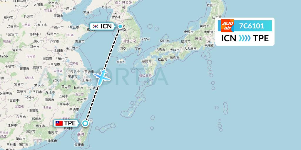 7C6101 Jeju Air Flight Map: Seoul to Taipei