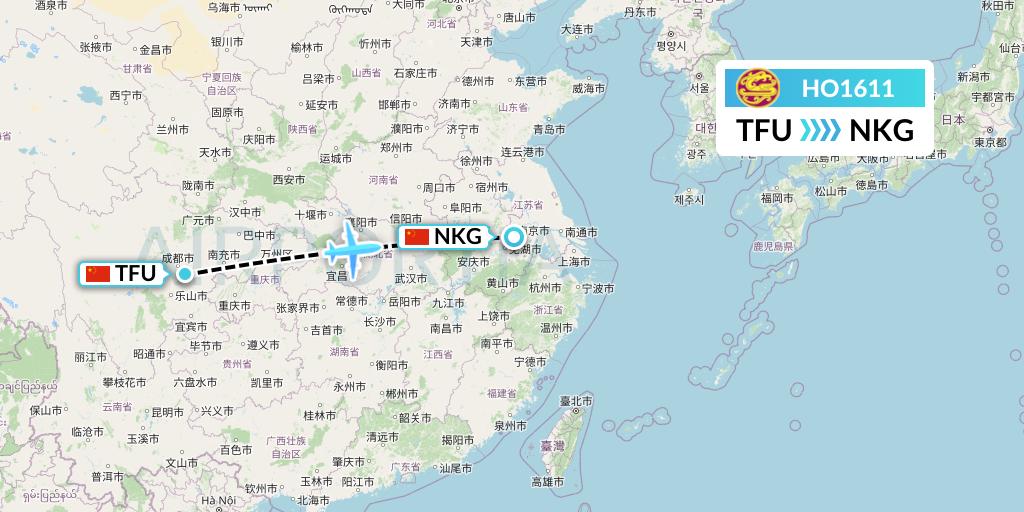 HO1611 Juneyao Airlines Flight Map: Chengdu to Nanjing