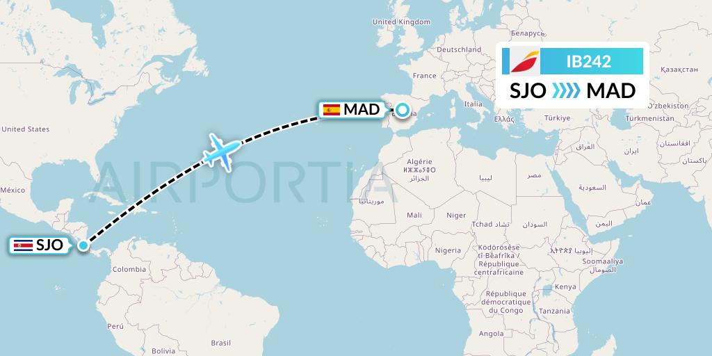 IB242 Iberia Flight Map: San Jose to Madrid
