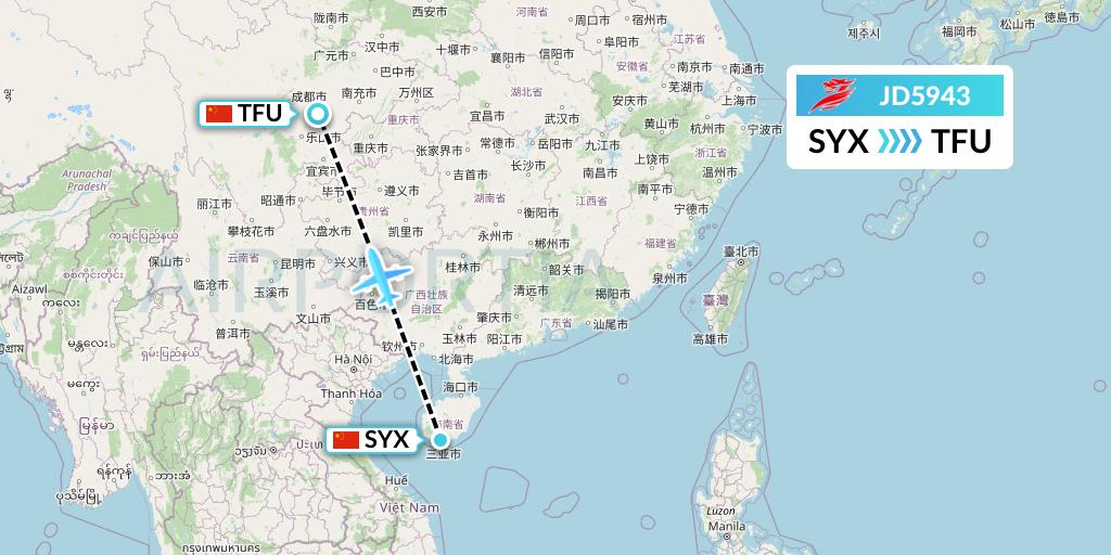 JD5943 Capital Airlines Flight Map: Sanya to Chengdu