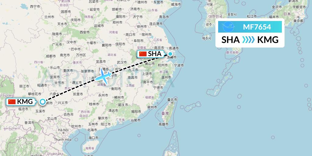 MF7654 Xiamen Airlines Flight Map: Shanghai to Kunming