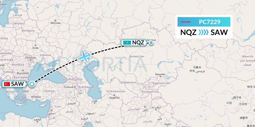 PC7229 Pegasus Airlines Flight Map: Astana to Istanbul