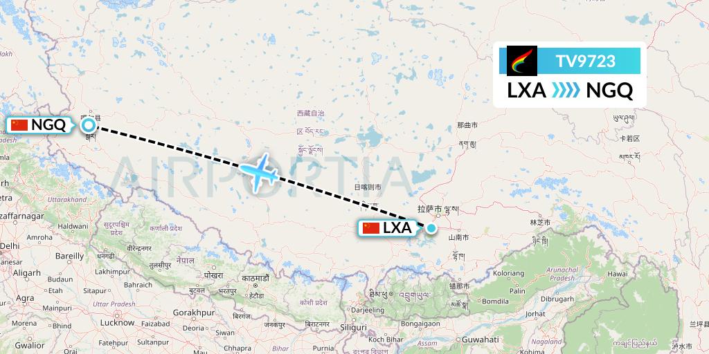 TV9723 Tibet Airlines Flight Map: Lhasa to Ngari