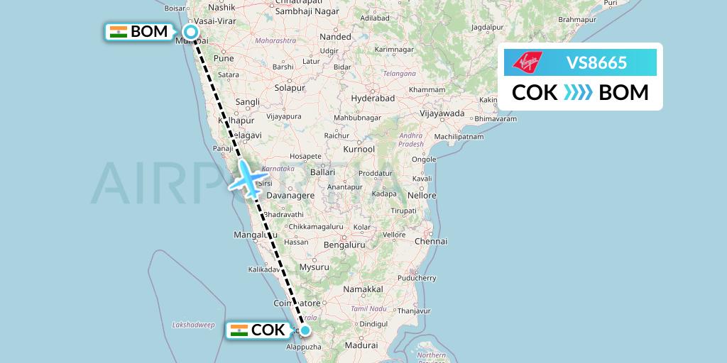 VS8665 Virgin Atlantic Airways Flight Map: Cochin to Mumbai