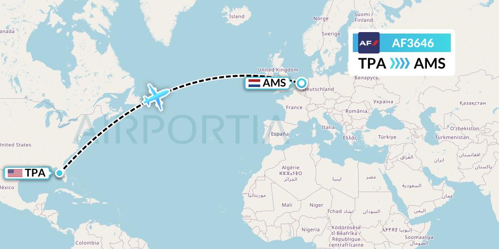AF3646 Air France Flight Map: Tampa to Amsterdam