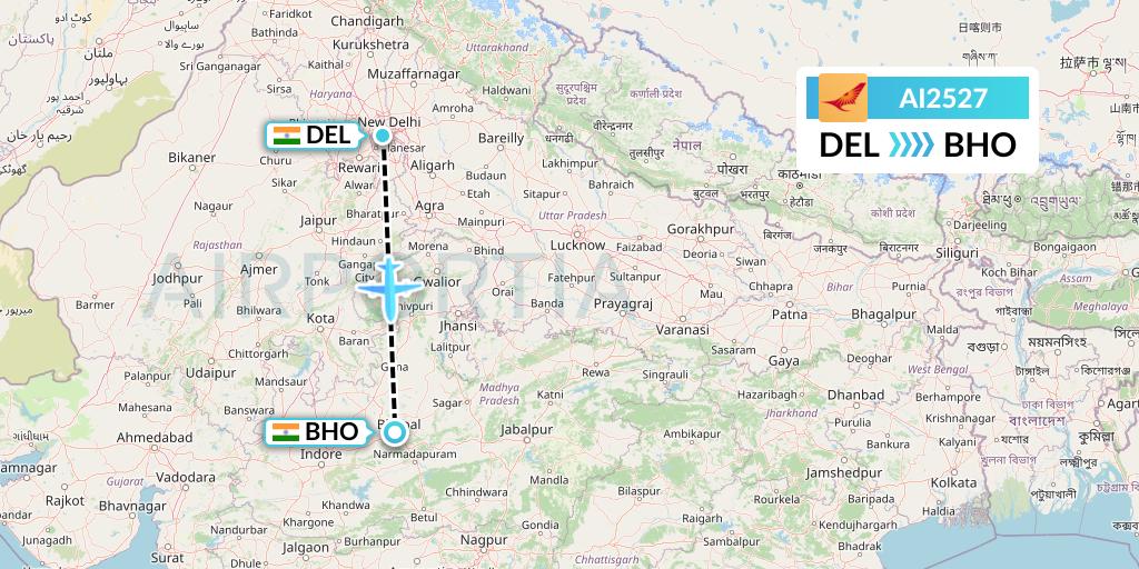 AI2527 Air India Flight Map: Delhi to Bhopal