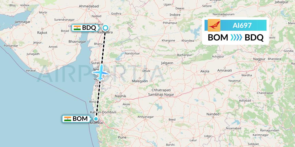 AI697 Air India Flight Map: Mumbai to Vadodara