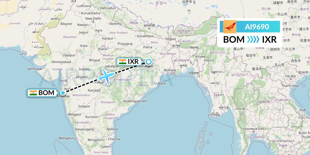 AI9690 Air India Flight Map: Mumbai to Ranchi