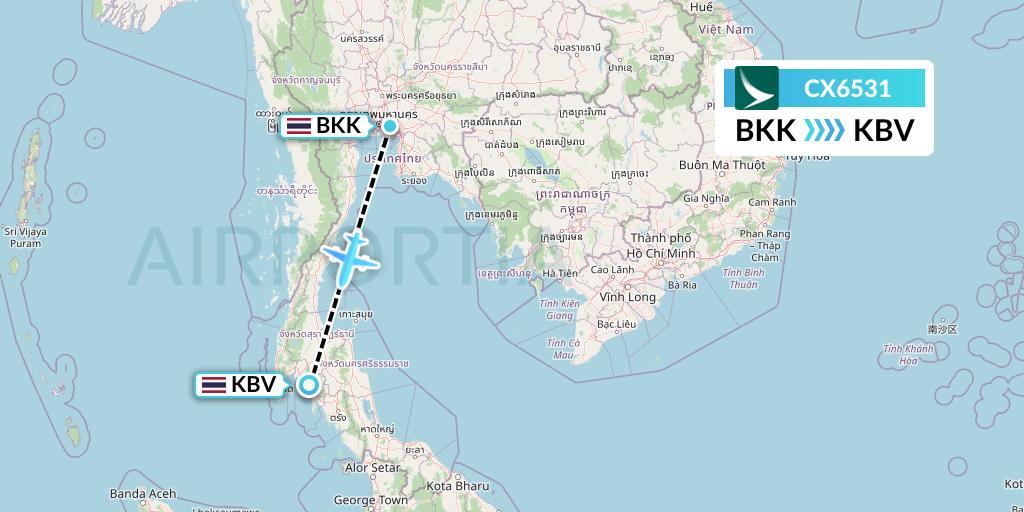 CX6531 Cathay Pacific Flight Map: Bangkok to Krabi