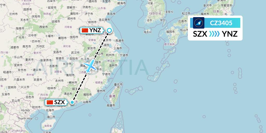 CZ3405 China Southern Airlines Flight Map: Shenzhen to Yancheng