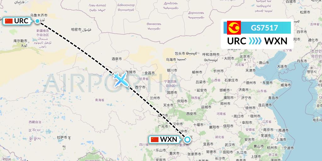 GS7517 Tianjin Airlines Flight Map: Urumqi to Wanzhou