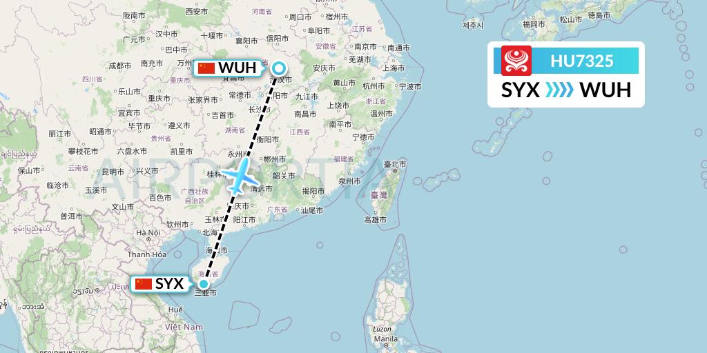 HU7325 Hainan Airlines Flight Map: Sanya to Wuhan