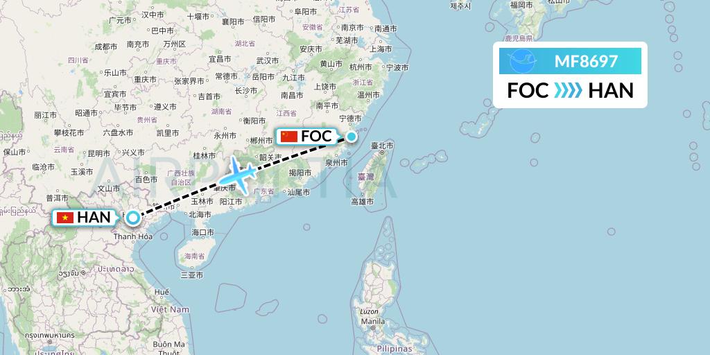 MF8697 Xiamen Airlines Flight Map: Fuzhou to Hanoi