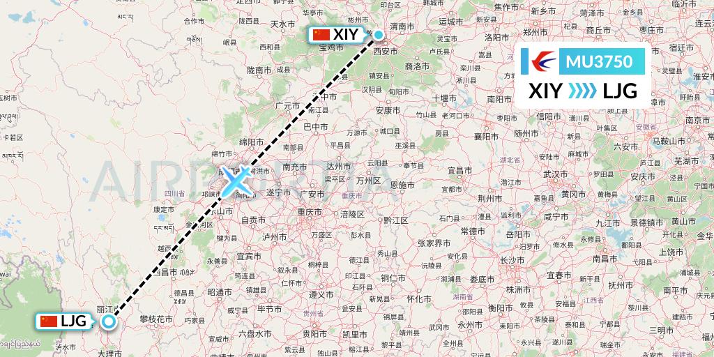 MU3750 China Eastern Airlines Flight Map: Xi'an to Lijiang