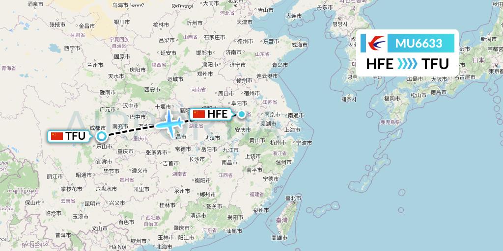 MU6633 China Eastern Airlines Flight Map: Hefei to Chengdu