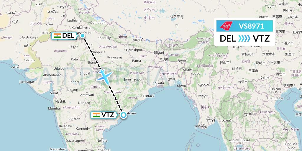 VS8971 Virgin Atlantic Airways Flight Map: Delhi to Visakhapatnam