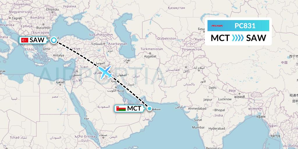 PC831 Pegasus Airlines Flight Map: Muscat to Istanbul