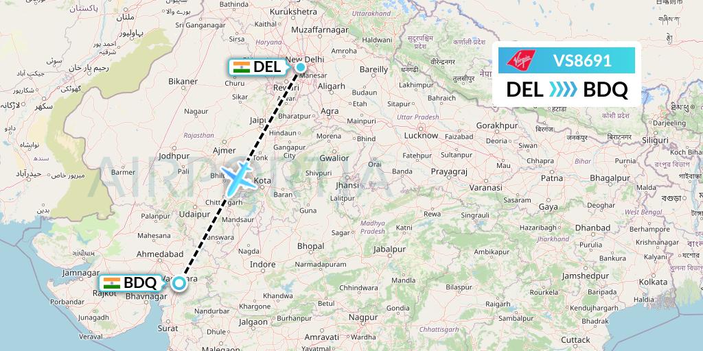 VS8691 Virgin Atlantic Airways Flight Map: Delhi to Vadodara